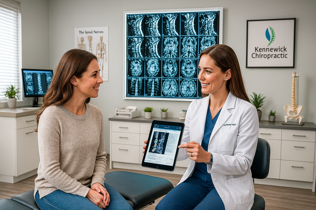 Female chiropractor showing spinal MRI scans to a patient during a consultation in a Kennewick decompression therapy clinic.